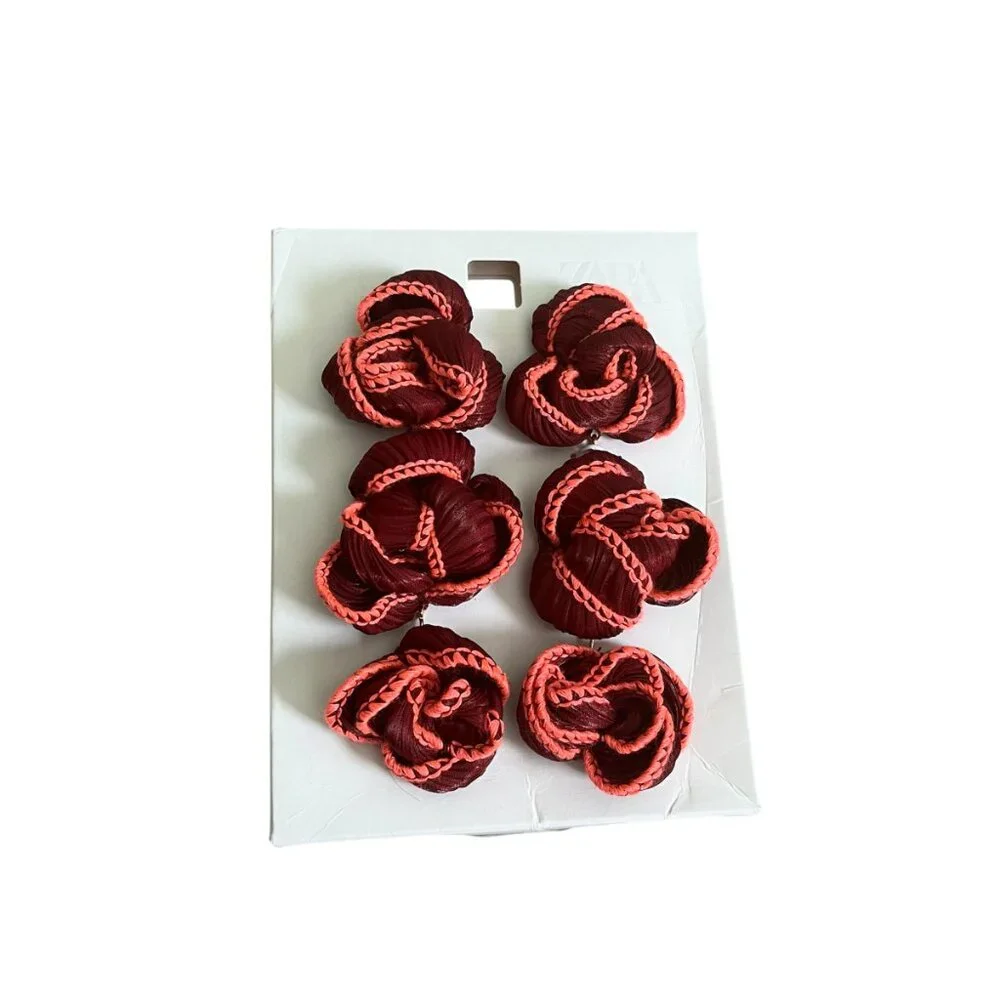 Zara Wine Red Floral Fabric Drop Earrings Triple Flower Statement Butterfly Back - Picture 3 of 7